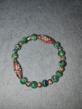 Green & Pink Beaded Stretch Bracelet - Handmade Jewelry
